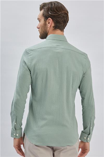 Açık Yeşil Uzun Kollu Biritli Yaka Biyeli Pamuklu Likralı Casual Slim Fit Gömlek 1004240232