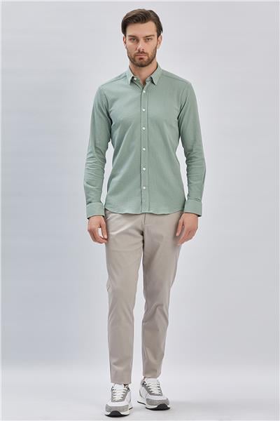 Açık Yeşil Uzun Kollu Biritli Yaka Biyeli Pamuklu Likralı Casual Slim Fit Gömlek 1004240232
