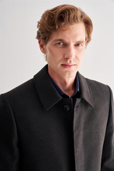 Antrasit Kaşe Bebe Yaka Kapitoneli Astar Comfort Fit Rahat Kesim Klasik Kaban 1008245261