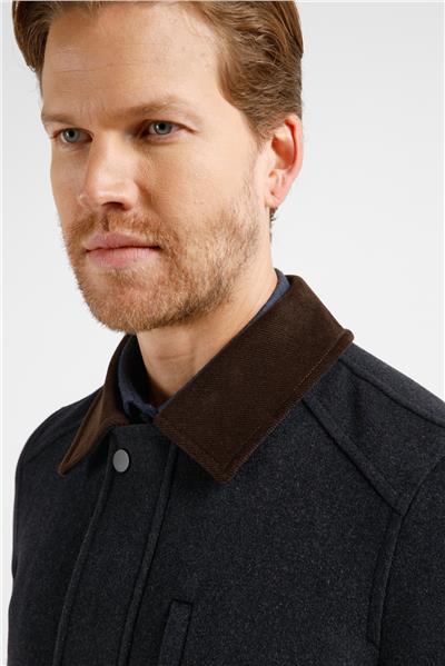 Antrasit Kadife Polo Yaka Düz Yırtmaçsız Tam Astar Slim Fit Casual Mont