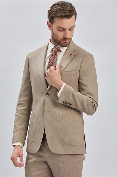 Bej Armürlü Mono Yaka Keten Karışımlı 6 Drop Slim Fit Dar Kesim Casual Takım Elbise 1001240169