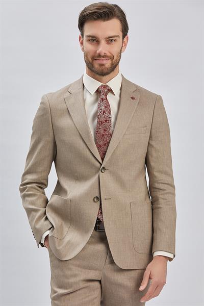 Bej Armürlü Mono Yaka Keten Karışımlı 6 Drop Slim Fit Dar Kesim Casual Takım Elbise 1001240169