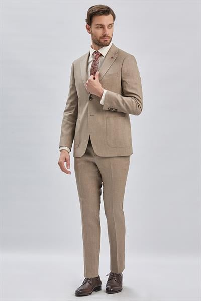 Bej Armürlü Mono Yaka Keten Karışımlı 6 Drop Slim Fit Dar Kesim Casual Takım Elbise 1001240169