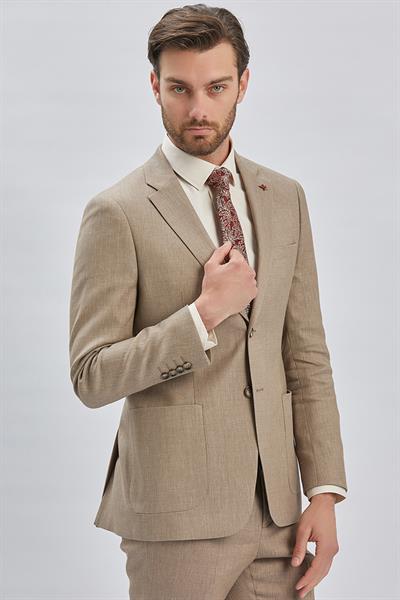 Bej Armürlü Mono Yaka Keten Karışımlı 6 Drop Slim Fit Dar Kesim Casual Takım Elbise 1001240169