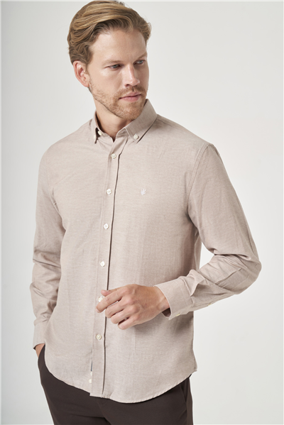 Bej-Beyaz Düğmeli Yaka Oxford Slim Fit Pamuklu Gömlek 1004265124