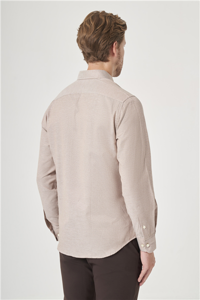 Bej-Beyaz Düğmeli Yaka Oxford Slim Fit Pamuklu Gömlek 1004265124