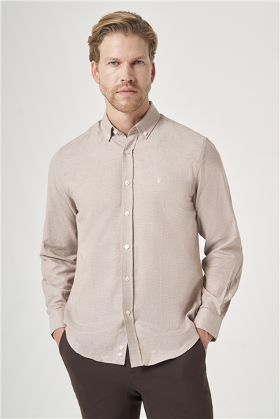 Bej-Beyaz Düğmeli Yaka Oxford Slim Fit Pamuklu Gömlek 1004265124