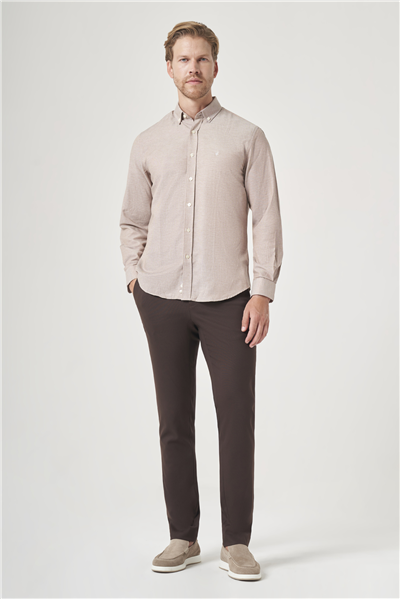 Bej-Beyaz Düğmeli Yaka Oxford Slim Fit Pamuklu Gömlek 1004265124