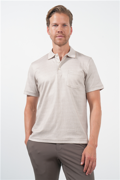 Bej-Beyaz Kendinden Desenli Polo Yaka Kısa Kol Cepli Comfort Fit Pamuklu Tişört 1011260152