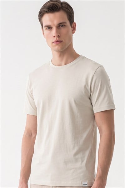 Bej Bisiklet Yaka Kısa Kol Slim Fit Pamuklu Tişört 1011265166