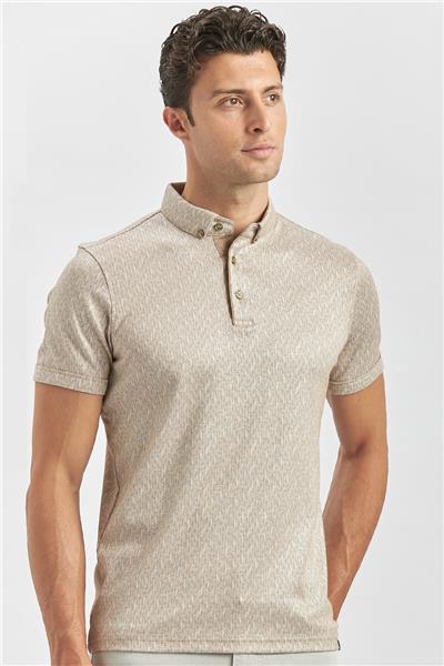 Bej Desenli Merserize Düğmeli Yaka Pamuklu Casual Slim Fit Dar Kesim Tişört 1011240163