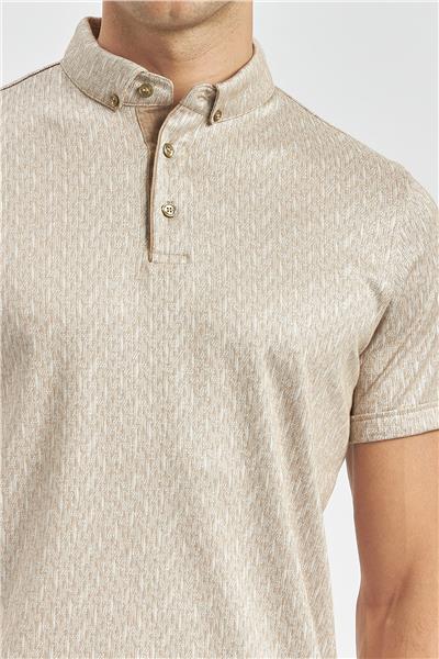 Bej Desenli Merserize Düğmeli Yaka Pamuklu Casual Slim Fit Dar Kesim Tişört 1011240163