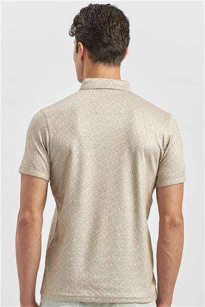 Bej Desenli Merserize Düğmeli Yaka Pamuklu Casual Slim Fit Dar Kesim Tişört 1011240163