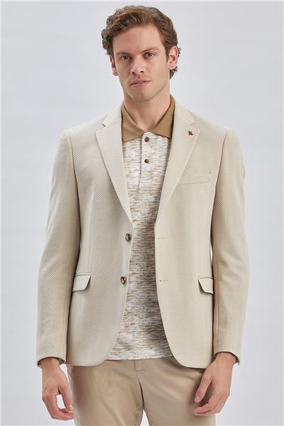 Bej Desenli Örme Mono Yaka Likralı 6 Drop Slim Fit Dar Kesim Casual Ceket 1002240157