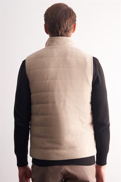 Bej Dik Yaka Fermuarlı Casual Slim Fit Kapitone Yelek 1009255103