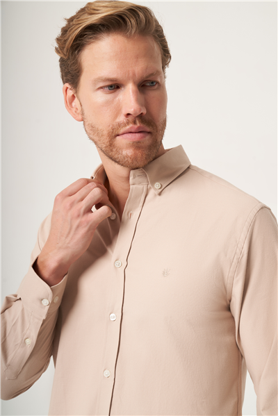 Bej Düğmeli Yaka Oxford Slim Fit Pamuklu Gömlek 1004265125