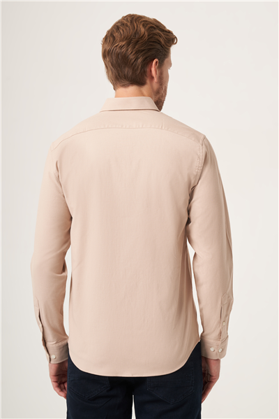 Bej Düğmeli Yaka Oxford Slim Fit Pamuklu Gömlek 1004265125