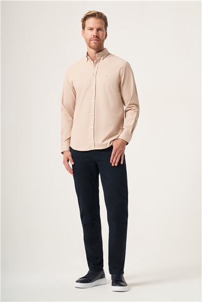 Bej Düğmeli Yaka Oxford Slim Fit Pamuklu Gömlek 1004265125