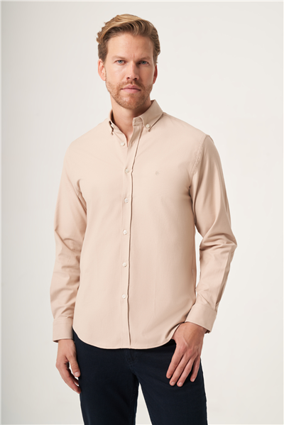 Bej Düğmeli Yaka Oxford Slim Fit Pamuklu Gömlek 1004265125