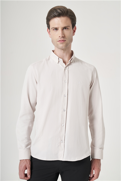 Bej Düğmeli Yaka Oxford Slim Fit Pamuklu Gömlek 1004265284