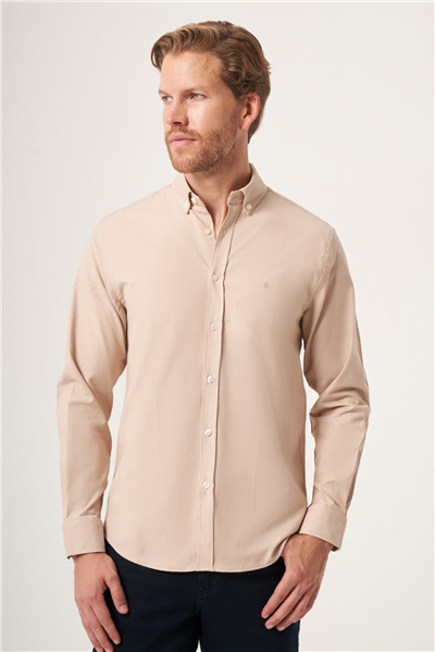 Bej Düğmeli Yaka Oxford Slim Fit Pamuklu Gömlek 1004265125