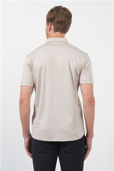 Bej İtalyan Yaka Kısa Kol Cepsiz Slim Fit Pamuklu Gömlek 1004260158