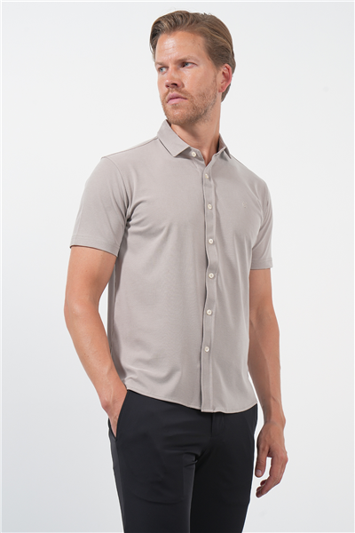 Bej İtalyan Yaka Kısa Kol Cepsiz Slim Fit Esnek Gömlek 1004260159