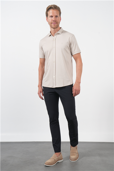 Bej İtalyan Yaka Kısa Kol Cepsiz Slim Fit Pamuklu Gömlek 1004260158
