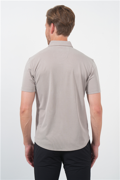 Bej İtalyan Yaka Kısa Kol Cepsiz Slim Fit Esnek Gömlek 1004260159