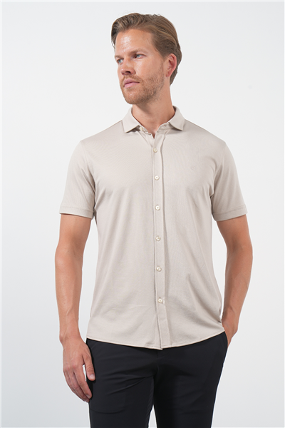 Bej İtalyan Yaka Kısa Kol Cepsiz Slim Fit Pamuklu Gömlek 1004260158