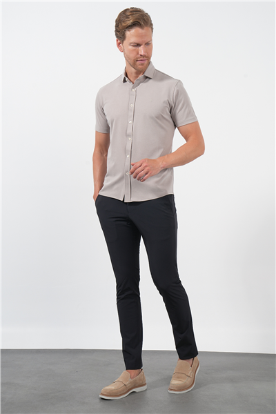 Bej İtalyan Yaka Kısa Kol Cepsiz Slim Fit Esnek Gömlek 1004260159
