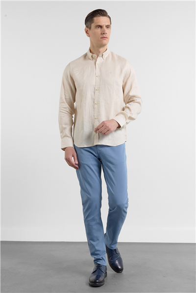 Bej Keten Düğmeli Yaka Uzun Kol Cepsiz Slim Fit %100 Keten Gömlek 1004260161