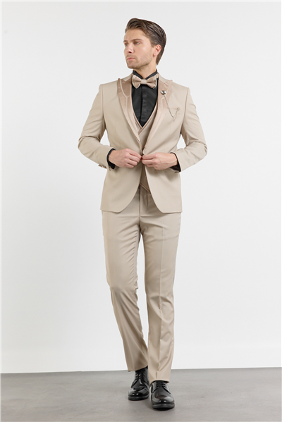 Bej Kılıç Yaka Çift Yırtmaç Esnek 6 Drop Slim Fit Damatlık Takım Elbise 1001250207