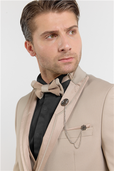 Bej Kılıç Yaka Çift Yırtmaç Esnek 6 Drop Slim Fit Damatlık Takım Elbise 1001250207