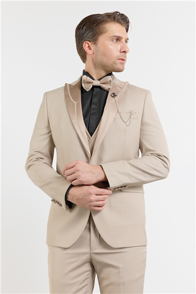 Bej Kılıç Yaka Çift Yırtmaç Esnek 6 Drop Slim Fit Damatlık Takım Elbise 1001250207