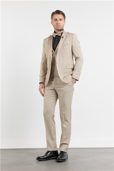 Bej Kılıç Yaka Çift Yırtmaç Esnek 6 Drop Slim Fit Damatlık Takım Elbise 1001250207