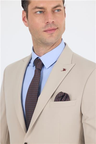 Bej Kırlangıç Yaka Kelebek Astar 6 Drop Slim Fit   Beli Lastikli Takım Elbise 1001250176