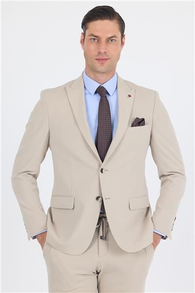 Bej Kırlangıç Yaka Kelebek Astar 6 Drop Slim Fit   Beli Lastikli Takım Elbise 1001250176