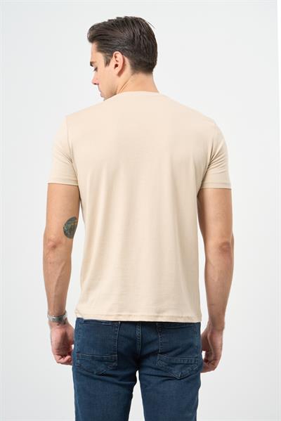 Bej Kısa Kol Düz Bez Ayağı Bisiklet Yaka Casual Slim Fit Tişört 1011245193