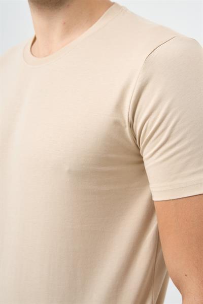 Bej Kısa Kol Düz Bez Ayağı Bisiklet Yaka Casual Slim Fit Tişört 1011245193