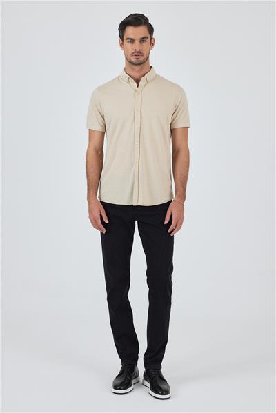 Bej Kısa Kol Düz Örme Düğmeli Yaka Cepsiz Pamuklu Classic Slim Fit Gömlek 1004250155_591