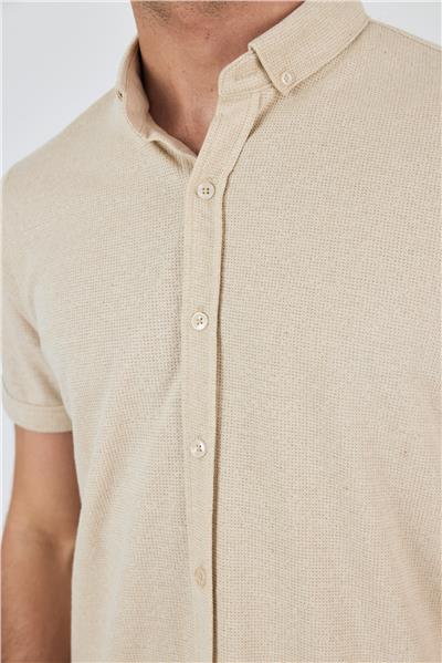 Bej Kısa Kol Düz Örme Düğmeli Yaka Cepsiz Pamuklu Classic Slim Fit Gömlek 1004250155_591