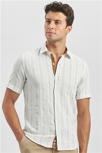 Bej Kısa Kollu Çizgili Armürlü Pamuklu Casual Slim Fit Dar Kesim Gömlek 1004240245