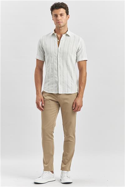Bej Kısa Kollu Çizgili Armürlü Pamuklu Casual Slim Fit Dar Kesim Gömlek 1004240245