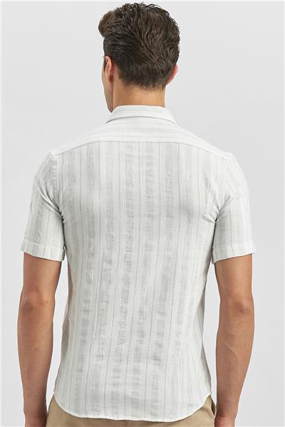 Bej Kısa Kollu Çizgili Armürlü Pamuklu Casual Slim Fit Dar Kesim Gömlek 1004240245