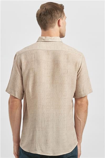 Bej Kısa Kollu Düğmeli Yaka Biyeli Keten Casual Slim Fit Dar Kesim Gömlek 1004240242