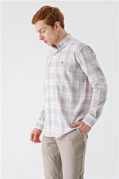 Bej Kısalabilir Kol Ekoseli   Cepsiz Garnili Biyeli Pamuklu Keten  Comfort Fit Gömlek 1004240147