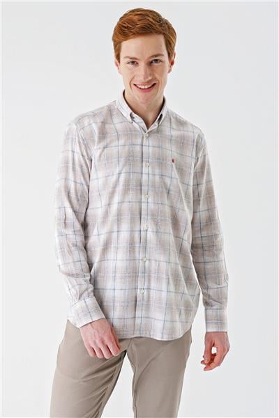 Bej Kısalabilir Kol Ekoseli   Cepsiz Garnili Biyeli Pamuklu Keten  Comfort Fit Gömlek 1004240147