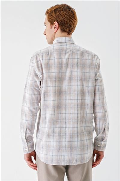 Bej Kısalabilir Kol Ekoseli   Cepsiz Garnili Biyeli Pamuklu Keten  Comfort Fit Gömlek 1004240147