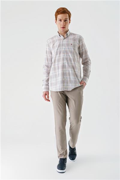 Bej Kısalabilir Kol Ekoseli   Cepsiz Garnili Biyeli Pamuklu Keten  Comfort Fit Gömlek 1004240147